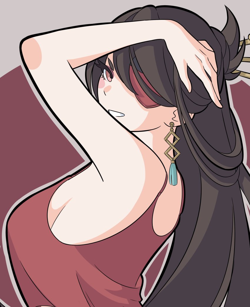 1girl, absurdres, beidou_(genshin_impact), black_hair, breasts, brown_eyes, daddo_art, dolphin_shorts, earrings, eyepatch, genshin_impact, hair_ornament, hairpin, hand_on_own_head, highres, jewelry, leg_tattoo, long_hair, looking_at_viewer, looking_back, colored_eyepatch, red_tank_top, shorts, sideboob, sideways_glance, solo, tank_top, tattoo