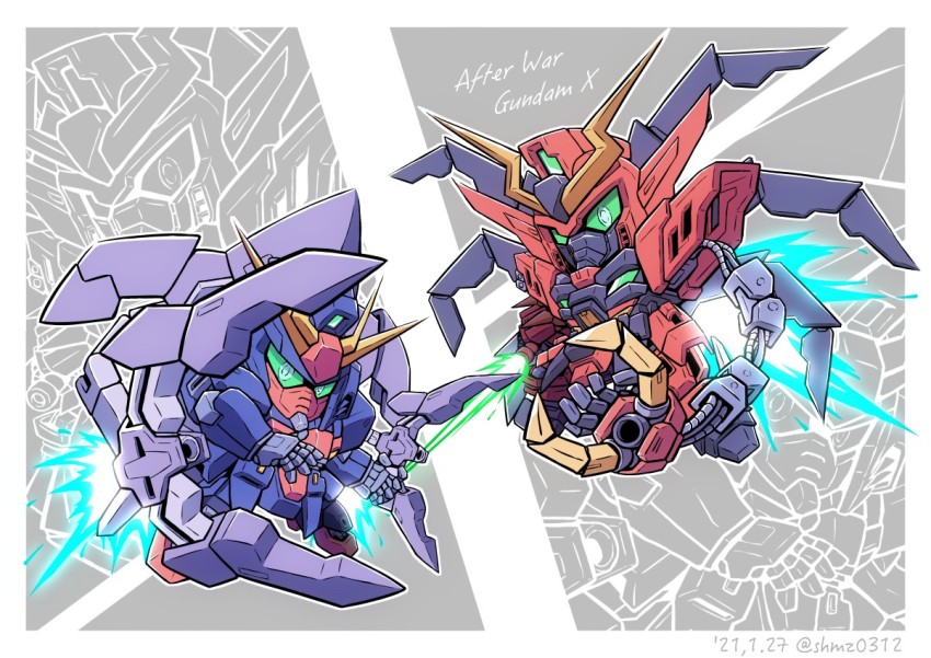 after_war_gundam_x, energy_sword, chibi, claw_(weapon), copyright_name, green_eyes, gun, gundam