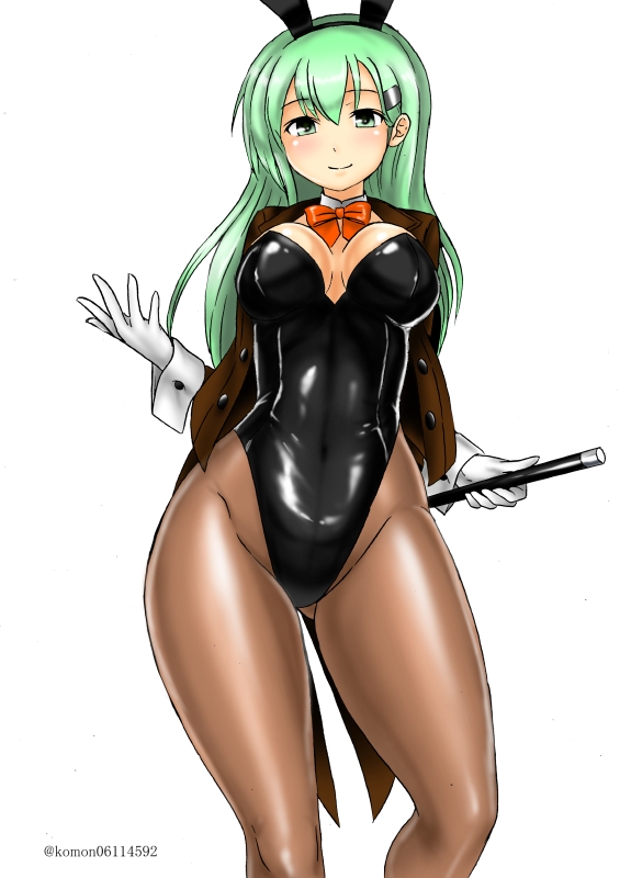 1girl, aqua_eyes, aqua_hair, ascot, black_jacket, black_leotard, breasts, brown_pantyhose, cleavage, closed_mouth, coattails, gloves, hair_between_eyes, hair_ornament, hairclip, jacket, kantai_collection, kudou_(ooabareteng), large_breasts, leotard, long_hair, long_sleeves, looking_at_viewer, magician, one-hour_drawing_challenge, orange_ascot, pantyhose, playboy_bunny, shirt, simple_background, smile, solo, strapless, strapless_leotard, suzuya_(kancolle), tailcoat, wand, white_gloves, white_shirt