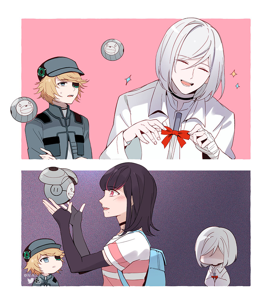 1girl, 2boys, :o, akudama_drive, arm_warmers, arms_up, backlighting, backpack