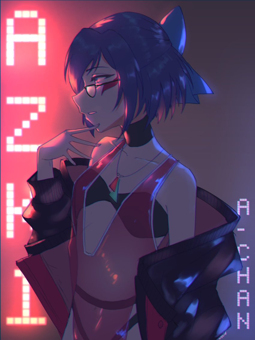 1girl, a-chan_(hololive), absurdres, ark_ford, azki_(2nd_costume)_(hololive), azki_(hololive), azki_(hololive)_(cosplay), bandeau, bikini, bikini_top_only, bikini_under_clothes, black_background, black_bandeau, black_bikini, black_jacket, blue_bow, bow, breasts, character_name, choker, cosplay, cowboy_shot, dark, facepaint, fingers_to_chin, from_side, glasses, glowing_words, hair_bow, hand_on_own_chin, highres, hololive, jacket, jewelry, necklace, off_shoulder, parted_lips, revealing_clothes, see-through_clothes, see-through_midriff, short_hair, small_breasts, solo, swimsuit, vest, virtual_youtuber