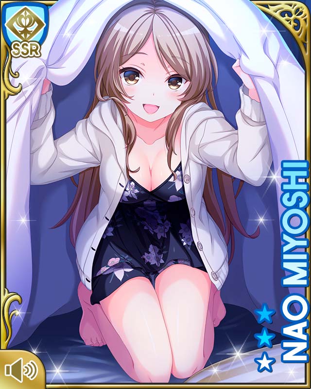 1girl, :d, barefoot, black_dress, braid, brown_eyes, brown_hair, card_medium)