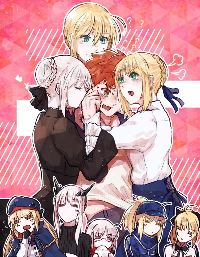 1boy, 6+girls, ahoge, artoria_caster_(fate), artoria_caster_(second_ascension)_(fate), artoria_pendragon_(fate), artoria_pendragon_(lancer)_(fate), artoria_pendragon_(lancer_alter)_(fate), baseball_cap, belt, black_camisole, blonde_hair, blouse, blue_belt, blue_cape, blue_capelet, blue_headwear, blue_jacket, blue_scarf, blush, braid, breasts, bun_with_braided_base, camisole, cape, capelet, coat, dark_persona, dress, duffel_coat, emiya_shirou, fate/grand_order, fate/hollow_ataraxia, fate/stay_night, fate/unlimited_codes, fate_(series), girl_sandwich, glasses, gothic_lolita, green_eyes, hair_between_eyes, hair_bun, hair_ribbon, hair_through_headwear, harem, hat, highres, horns, jacket, large_breasts, lolita_fashion, long_hair, long_sleeves, medium_breasts, multiple_girls, mysterious_heroine_x_(fate), mysterious_heroine_x_alter_(fate), mysterious_heroine_x_alter_(first_ascension)_(fate), open_clothes, open_coat, open_jacket, orange_hair, plaid_clothes, plaid_scarf, platinum_blonde_hair, ponytail, raglan_sleeves, ribbon, saber_(fate), saber_alter, saber_alter_(gothic_lolita), saber_lily, saber_lily_(third_ascension), sandwiched, scarf, scarf_over_mouth, shirt, short_hair, sidelocks, skirt, striped_belt, swept_bangs, track_jacket, underboob, white_shirt, yamano_udumi, yellow_eyes