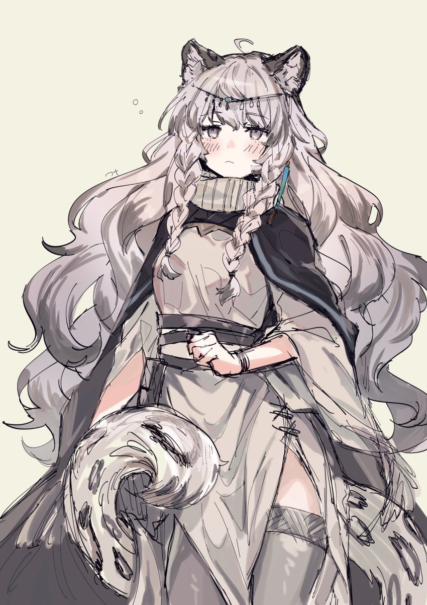1girl, ahoge, animal_ear_fluff, animal_ears, arknights, beige_background, black_cloak, blush, breasts, circlet, cloak, commentary_request, cowboy_shot, dress, eyelashes, grey_eyes, grey_thighhighs, happitan_no_kona, highres, long_hair, medium_breasts, multicolored_hair, pelvic_curtain, pramanix_(arknights), side_slit, silver_hair, sleepy, snow_leopard_ears, snow_leopard_girl, snow_leopard_tail, solo, streaked_hair, tail, thighhighs, thighs, turtleneck, white_dress, wristband