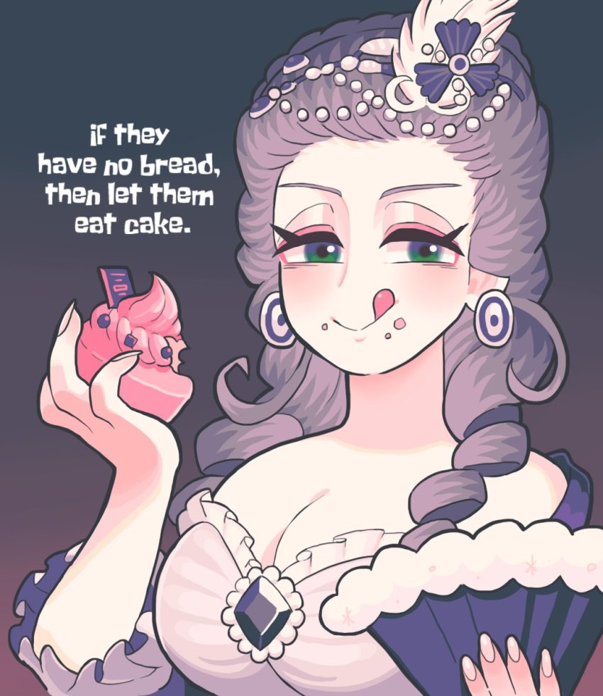 1girl, breasts, cleavage, commentary, crumbs, cupcake, dress, drill_hair, earrings, eating, english_text, food, gashi-gashi, gem, green_eyes, hand_fan, highres, holding, holding_fan, holding_food, jewelry, large_breasts, licking_lips, looking_at_viewer, marie_antoinette_(historical_person), real_life, silver_hair, smile, untranslatable_commentary, tongue, tongue_out, twin_drills, upper_body