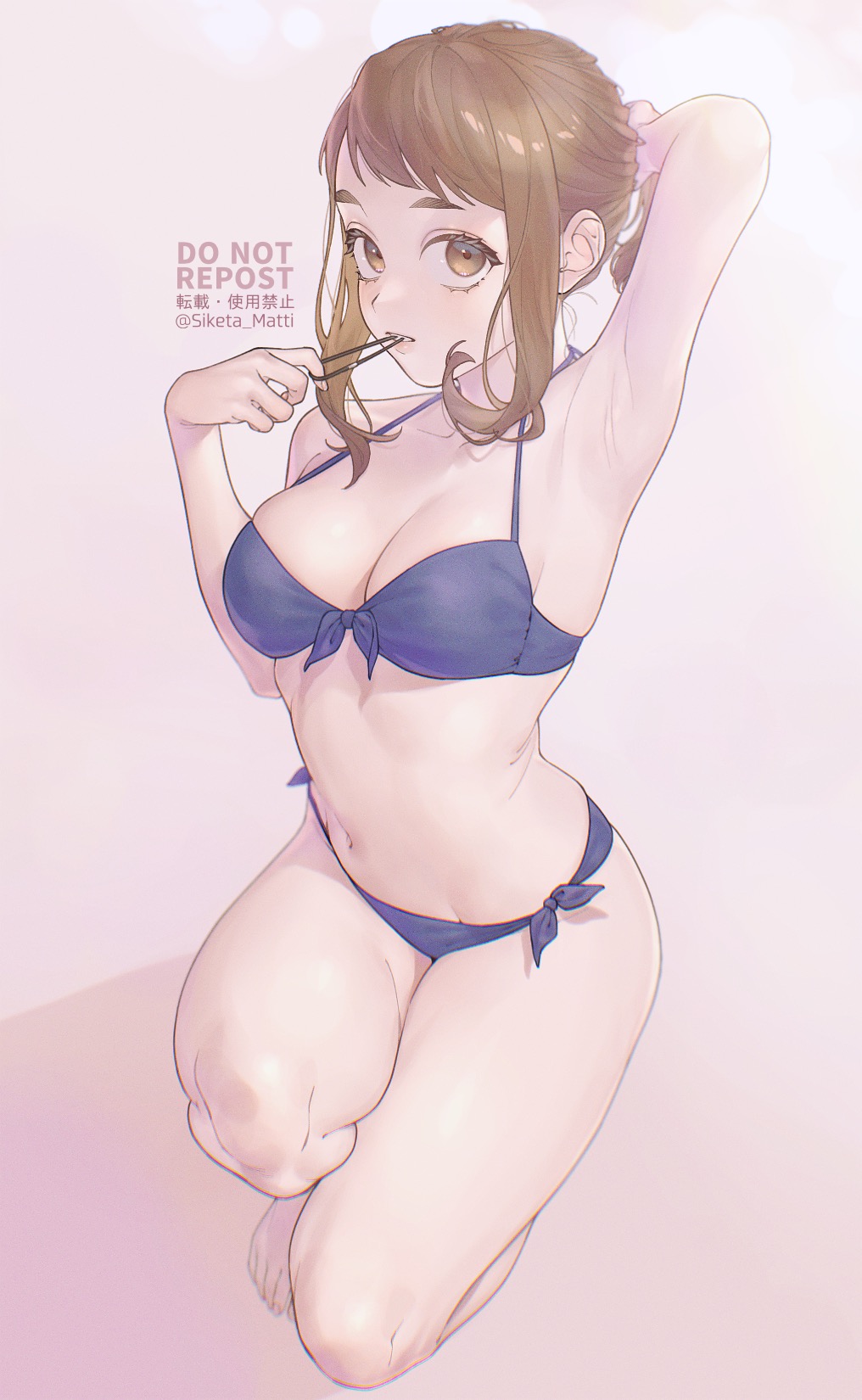1girl, arm_up, armpits, artist_name, bare_shoulders, barefoot, bikini, blue_bikini, boku_no_hero_academia, breasts, brown_eyes, brown_hair, cleavage, collarbone, commentary_request, eyebrows, female_focus, full_body, gradient_background, grey_background, hair_ribbon, hand_in_own_hair, highres, light, lips, looking_at_viewer, medium_breasts, medium_hair, mizuki_mau, mouth_hold, navel, ribbon, ribbon_in_mouth, sidelocks, simple_background, sitting, solo, stomach, swimsuit, thighs, twitter_username, uraraka_ochako, white_background