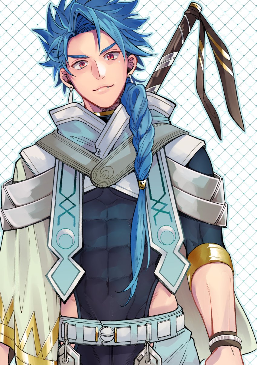 0343_u, 1boy, abs, absurdres, aged_up, asymmetrical_bangs, asymmetrical_clothes, belt, blue_hair, bodysuit, bodysuit_under_clothes, bracelet, braid, braided_ponytail, capelet, closed_mouth, clothing_cutout, covered_navel, cu_chulainn_(fate), earrings, fate/grand_order, fate/grand_order_arcade, fate_(series), highres, jewelry, long_hair, looking_at_viewer, male_focus, muscular, ponytail, popped_collar, red_eyes, setanta_(fate), single_braid, skin_tight, slit_pupils, smile, solo, spiked_hair, thigh_cutout