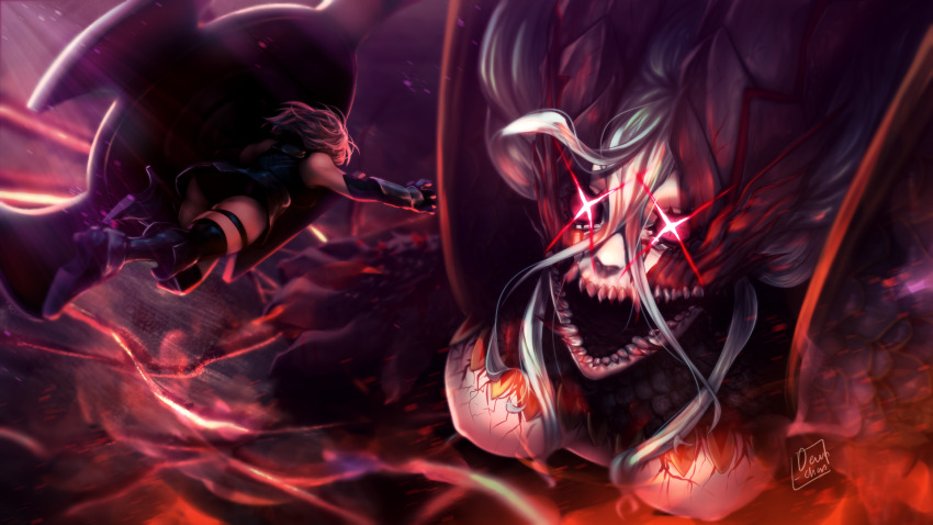 2girls, action, arm_at_side, armor, armored_dress, ass, bare_shoulders, battle, blood, blood_on_teeth, bloody_tears, blue_hair, blurry, boots, braid, breasts, commentary, covered_erect_nipples, cracked_skin, curvy, dashing, dewa-chan, dress, duel, elbow_gloves, english_commentary, fate/grand_order, fate_(series), floating_hair, from_behind, gauntlets, gloves, glowing, glowing_eyes, glowing_skin, hair_between_eyes, high_heel_boots, high_heels, highres, holding, holding_shield, horns, horror_(theme), knee_boots, large_breasts, light_blue_hair, light_particles, light_rays, long_bangs, long_hair, mash_kyrielight, mash_kyrielight_(demi-servant), motion_blur, multiple_girls, nose, open_mouth, outstretched_arm, pink_hair, plump, red_eyes, scales, sharp_teeth, shield, short_hair, signature, silver_hair, slit_pupils, sparks, symbol-shaped_pupils, teeth, thigh_strap, thighs, tiamat_(dragon)_(fate), tiamat_(fate), very_long_hair, wide-eyed, x-shaped_pupils