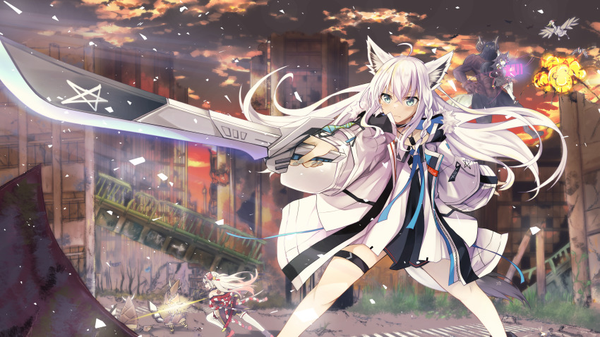 absurdres, ahoge, animal_ears, black_dress, black_hair, black_kimono, braid, cloud