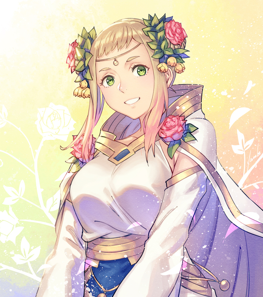 1girl, anbe_yoshirou, blonde_hair, breasts, cape, collarbone, commentary_request, double_bun, dress, fire_emblem, fire_emblem_heroes, floral_background, flower, gold_trim, gradient_hair, green_eyes, hair_bun, hair_flower, hair_ornament, henriette_(fire_emblem), henriette_(valentine)_(fire_emblem), highres, jewelry, leaf_hair_ornament, lips, looking_at_viewer, medium_breasts, multicolored_hair, nintendo, official_alternate_costume, parted_lips, pink_hair, red_flower, red_rose, robe, rose, short_hair, sidelocks, signature, smile, solo, teeth, white_cape, white_dress, white_robe, wide_sleeves, yellow_flower