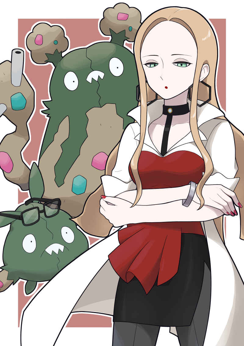 1girl, black-framed_eyewear, black_choker, black_skirt, blonde_hair, blouse, bracelet, choker