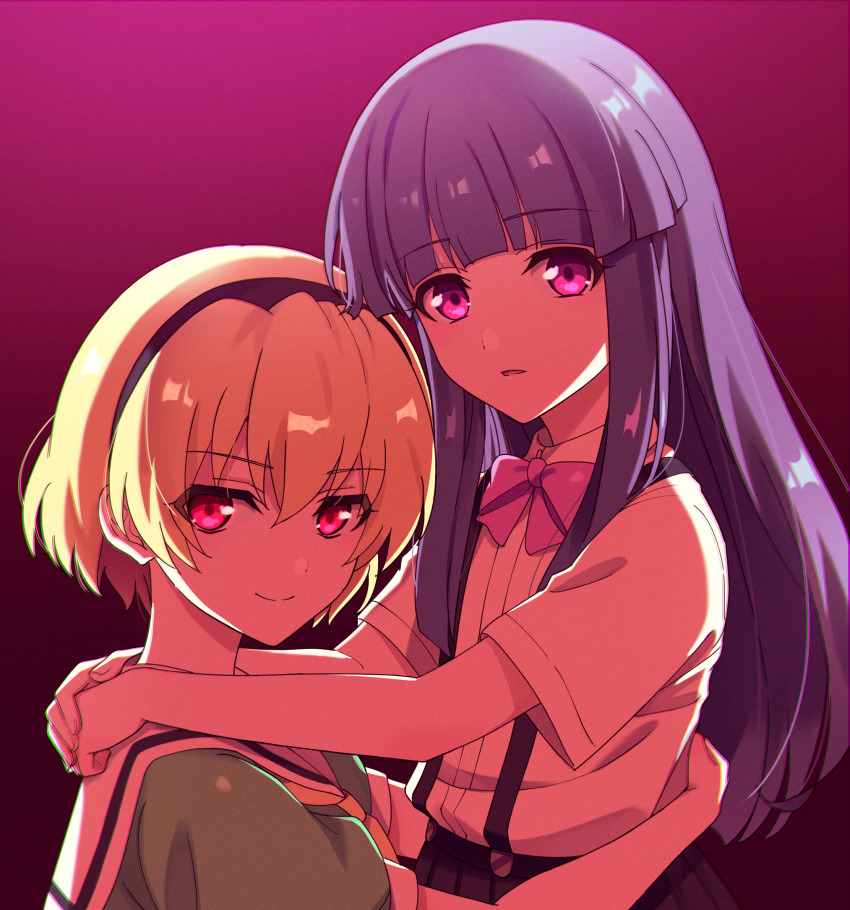 2girls, arms_around_neck, arms_around_another's_waist, blonde_hair, blouse, blue_hair, blunt_bangs, collared_shirt
