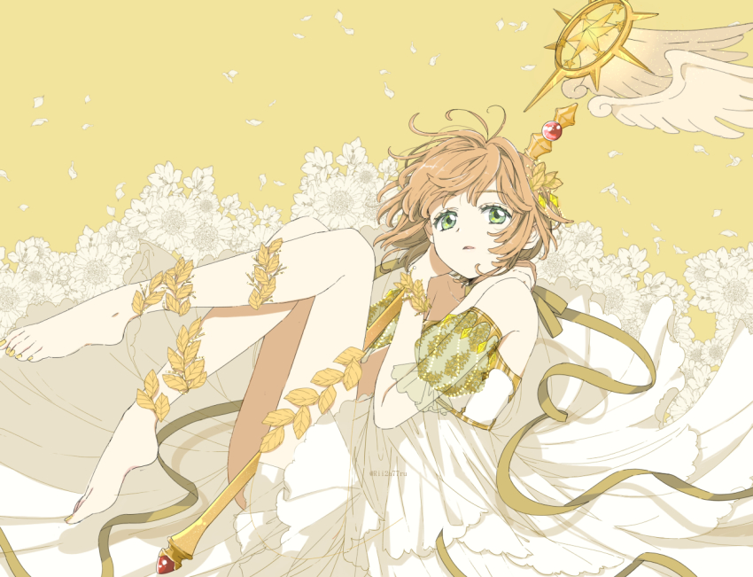 1girl, arm_cuffs, bad_id, bad_twitter_id, barefoot, brown_hair, cardcaptor_sakura, commentary, dress, eyelashes, flower, frilled_dress, frills, full_body, gold_trim, green_eyes, hair_ornament, holding, holding_staff, kinomoto_sakura, leaf, looking_afar, parted_lips, ribbon, rii2a77ru, see-through_clothes, short_hair, simple_background, solo, staff, tagme, twitter_username, wand, white_dress, white_flower, white_wings, wings, yellow_background, yellow_ribbon, yellow_theme, yume_no_tsue