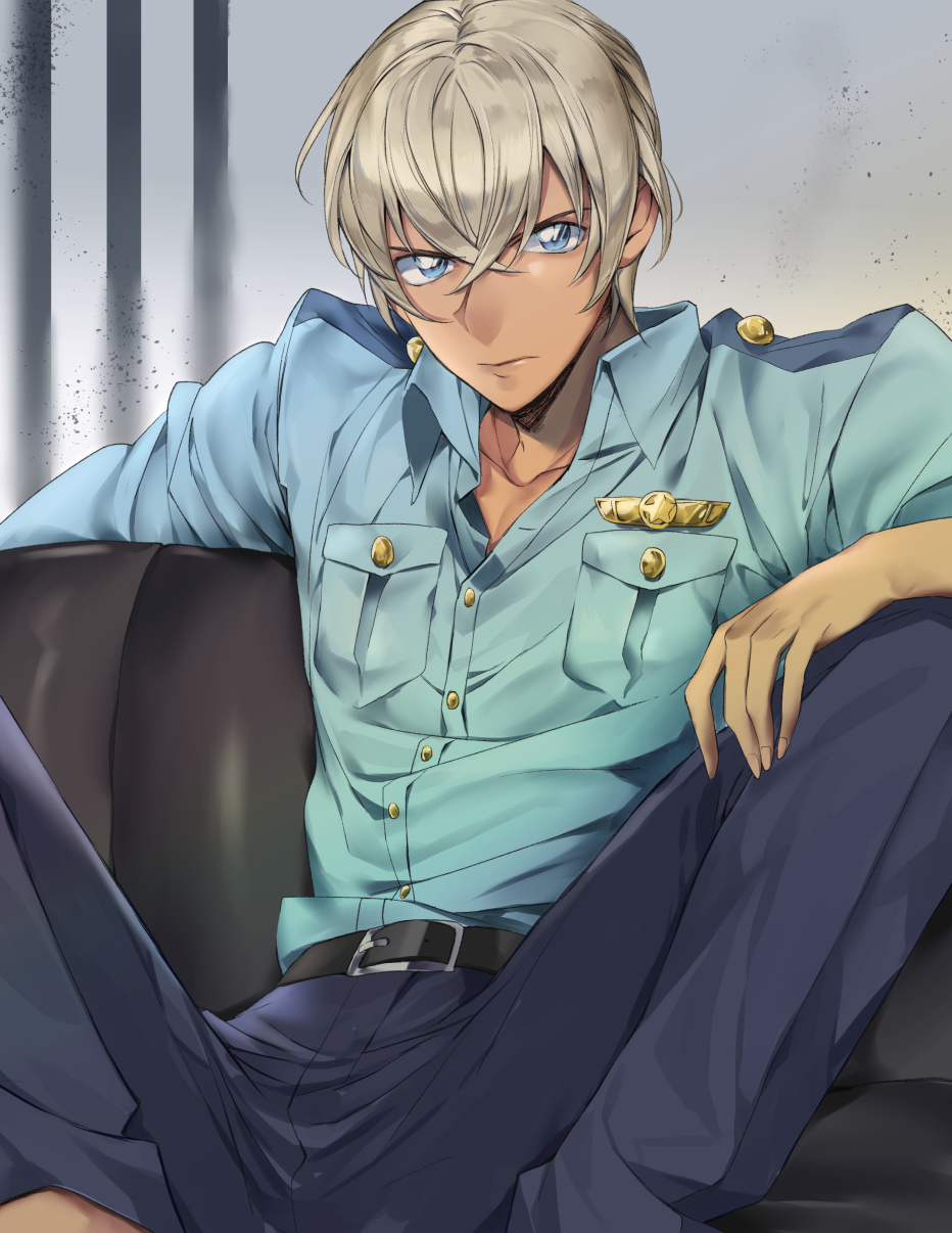 1boy, amuro_tooru, belt, black_belt, blonde_hair, blue_eyes, blue_pants, blue_shirt, buttons, closed_mouth, collarbone, collared_shirt, commentary, couch, dreaming182, dress_shirt, feet_out_of_frame, grey_background, hair_between_eyes, highres, indoors, japan_national_police, male_focus, meitantei_conan, on_couch, pants, police, police_uniform, policeman, serious, shirt, shirt_tucked_in, short_hair, sitting, solo, spread_legs, untranslatable_commentary