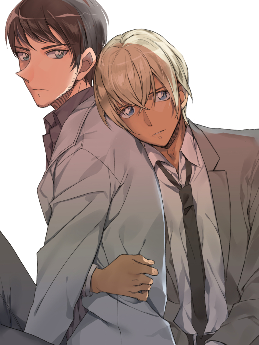 2boys, amuro_tooru, arm_around_another's_waist, backlighting, belt, black_belt, black_neckwear, black_shirt