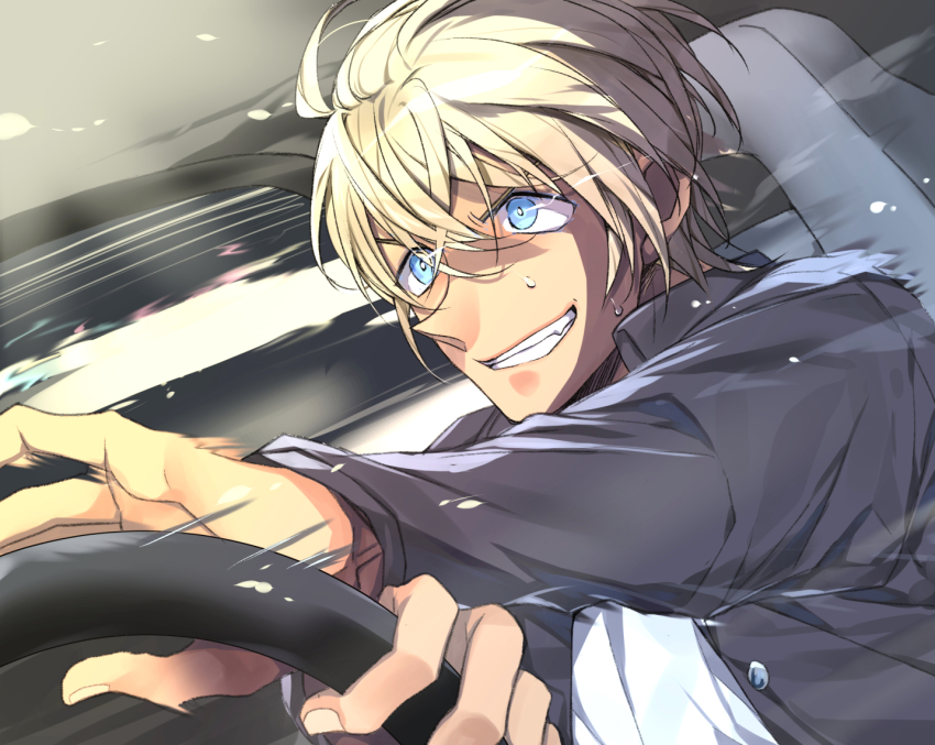1boy, amuro_tooru, black_jacket, blonde_hair, blue_eyes, car_interior, car_seat, commentary