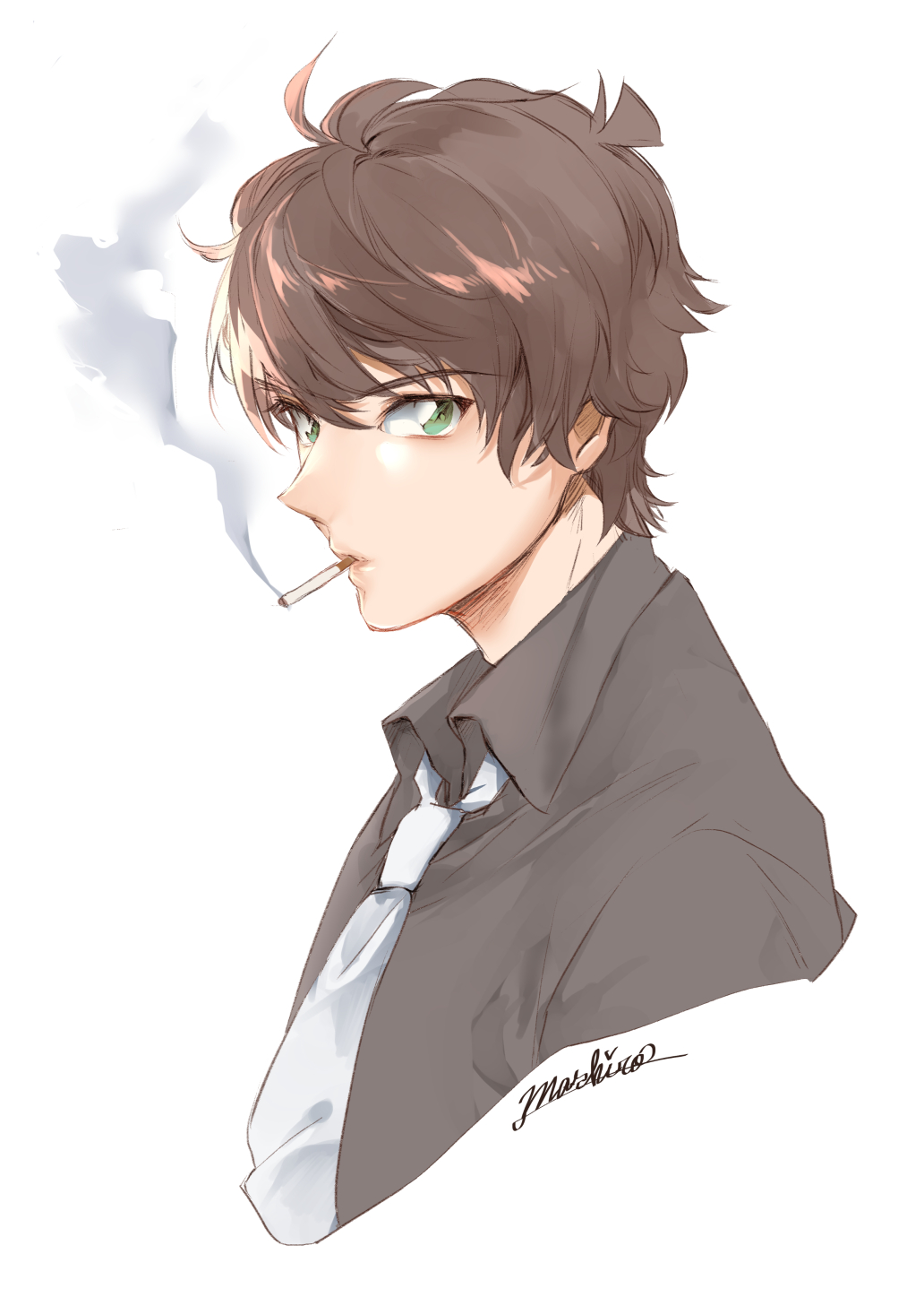 1boy, ahoge, black_shirt, brown_hair, cigarette, collared_shirt, commentary_request, cropped_torso