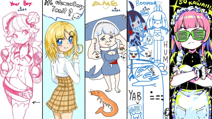 5girls, alternate_breast_size, alternate_costume, apron, arm_tattoo, artist_collaboration, barefoot, blonde_hair, bloop_(gawr_gura), blue_eyes, blue_hair, blush, booba_(meme), breasts, chef_hat, chicken_(food), chicken_leg, cleavage_cutout, clothing_cutout, colored_skin, column_lineup, commentary, crossed_arms, doodle, english_commentary, english_text, enmaided, flexing, food, gawr_gura, gawr_gura_(1st_costume), gawr_gura_(artist), grey_hair, grey_skin, gunbuster_pose, hair_ornament, high-waist_skirt, highres, holding, holding_food, holding_weapon, hololive, hololive_english, holomyth, large_breasts, long_legs, looking_back, looking_to_the_side, maid, maid_apron, maid_headdress, meme, mini_chef_hat, mini_hat, mole, mole_under_mouth, monster, mori_calliope, mori_calliope_(artist), multicolored_hair, multiple_girls, navel, ninomae_ina'nis, ninomae_ina'nis_(1st_costume), ninomae_ina'nis_(artist), no_arms, pink_hair, plaid_clothes, plaid_skirt, polearm, sharp_teeth, shrimp, shutter_shades, sketch, skindentation, skirt, smile, speech_bubble, streaked_hair, takanashi_kiara, takanashi_kiara_(1st_costume), takanashi_kiara_(artist), takodachi_(ninomae_ina'nis), tattoo, teeth, thighhighs, trident, virtual_youtuber, watson_amelia, watson_amelia_(1st_costume), watson_amelia_(artist), weapon, wrist_cuffs