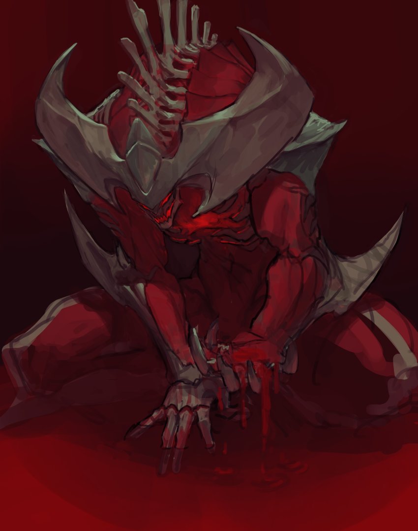 1boy, absurdres, blood, commentary_typo, demon, fantasy, highres, horns, korean_commentary, league_of_legends, lim_donghyun, looking_down, male_focus, no_humans, open_hand, open_mouth, red_eyes, rhaast, solo, spine, squatting