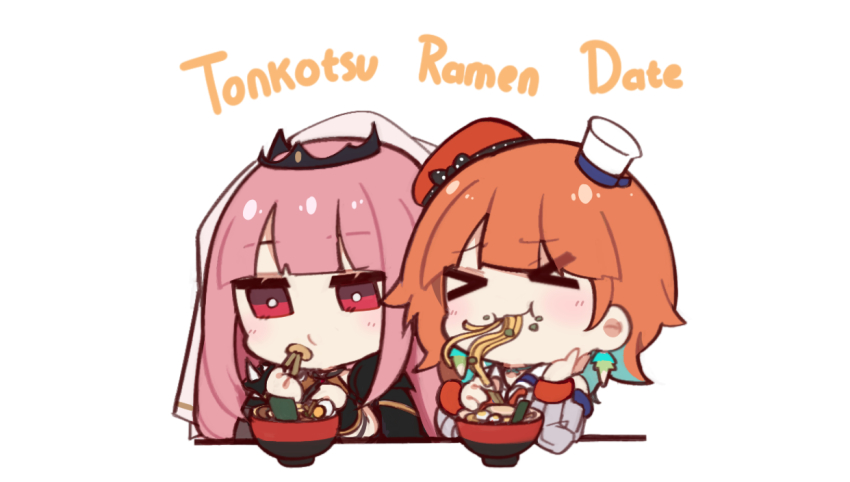 >_<, 2girls, beil, blunt_bangs, blush, cape, chef_hat, cheschorv