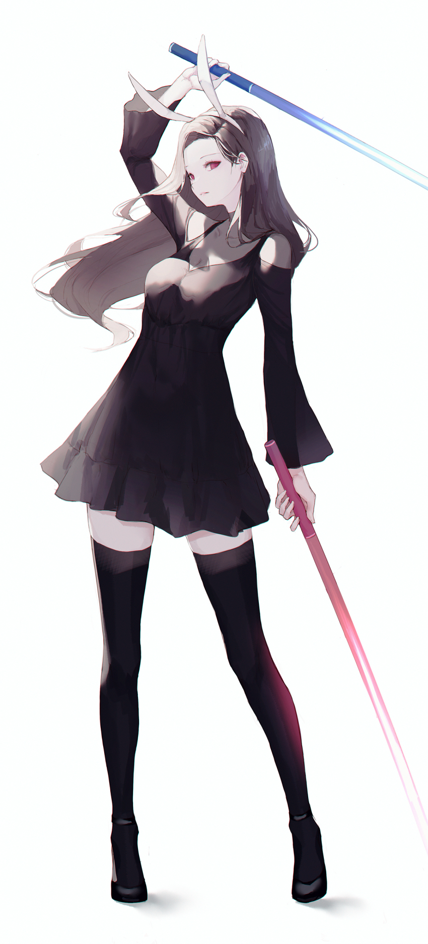 1girl, absurdres, animal_ears, arm_up, bare_shoulders, beat_saber, black_dress, black_hair