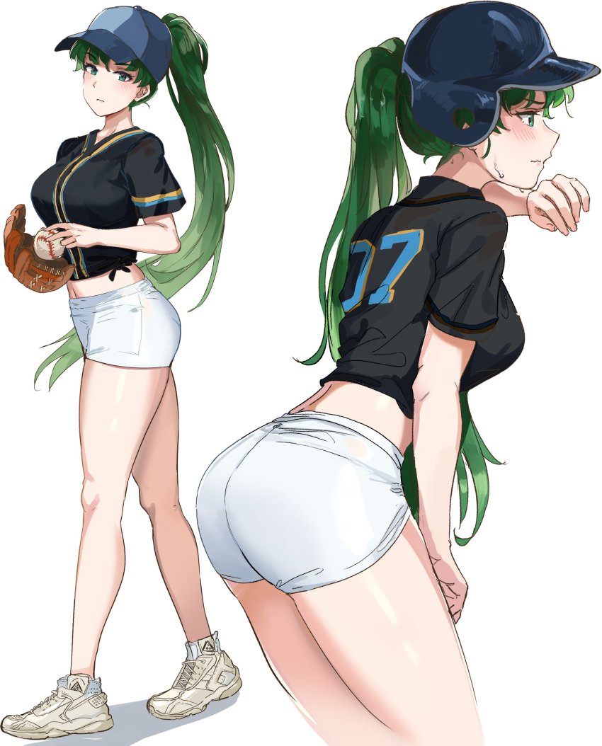 1girl, absurdres, alternate_costume, ass, baseball, baseball_cap, baseball_glove, baseball_helmet