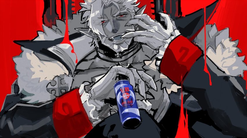 1boy, beard, black_jacket, can, collarbone, colored_eyelashes, colored_skin, earrings