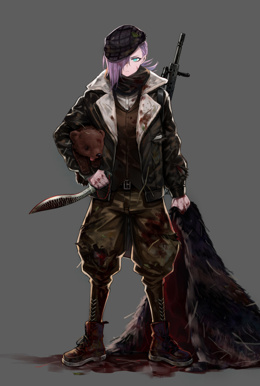 1girl, aqua_eyes, bear, blood, boots, brown_vest, coat, cub