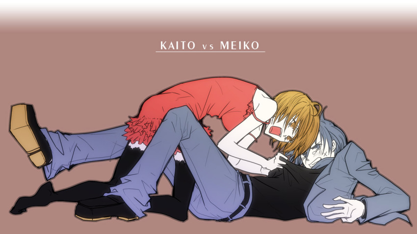 1boy, 1girl, angry, battle, blue_eyes, blue_hair, brown_eyes, brown_hair