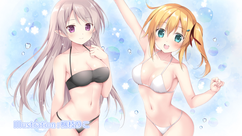 2girls, bare_arms, bare_shoulders, blonde_hair, braid, breasts, cleavage, elf