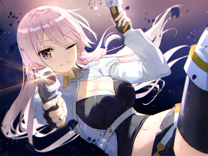 1girl, braid, breasts, cleavage, elf, fuumi_(radial_engine), large_breasts, long_hair