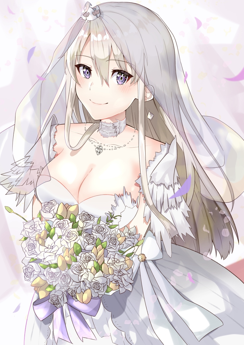 1girl, absurdres, azur_lane, bald_eagle, bird, blush, bouquet, breasts, bridal_veil, cleavage, collarbone, commentary_request, crown, dress, eagle, enterprise_(azur_lane), enterprise_(starlight_oath)_(azur_lane), flower, highres, holding, holding_bouquet, jewelry, large_breasts, long_dress, long_hair, looking_at_viewer, mini_crown, necklace, official_alternate_costume, purple_eyes, rose, sakuramochi_(kasute_ra), smile, solo, veil, wedding_dress, white_dress, white_flower, white_hair, white_rose