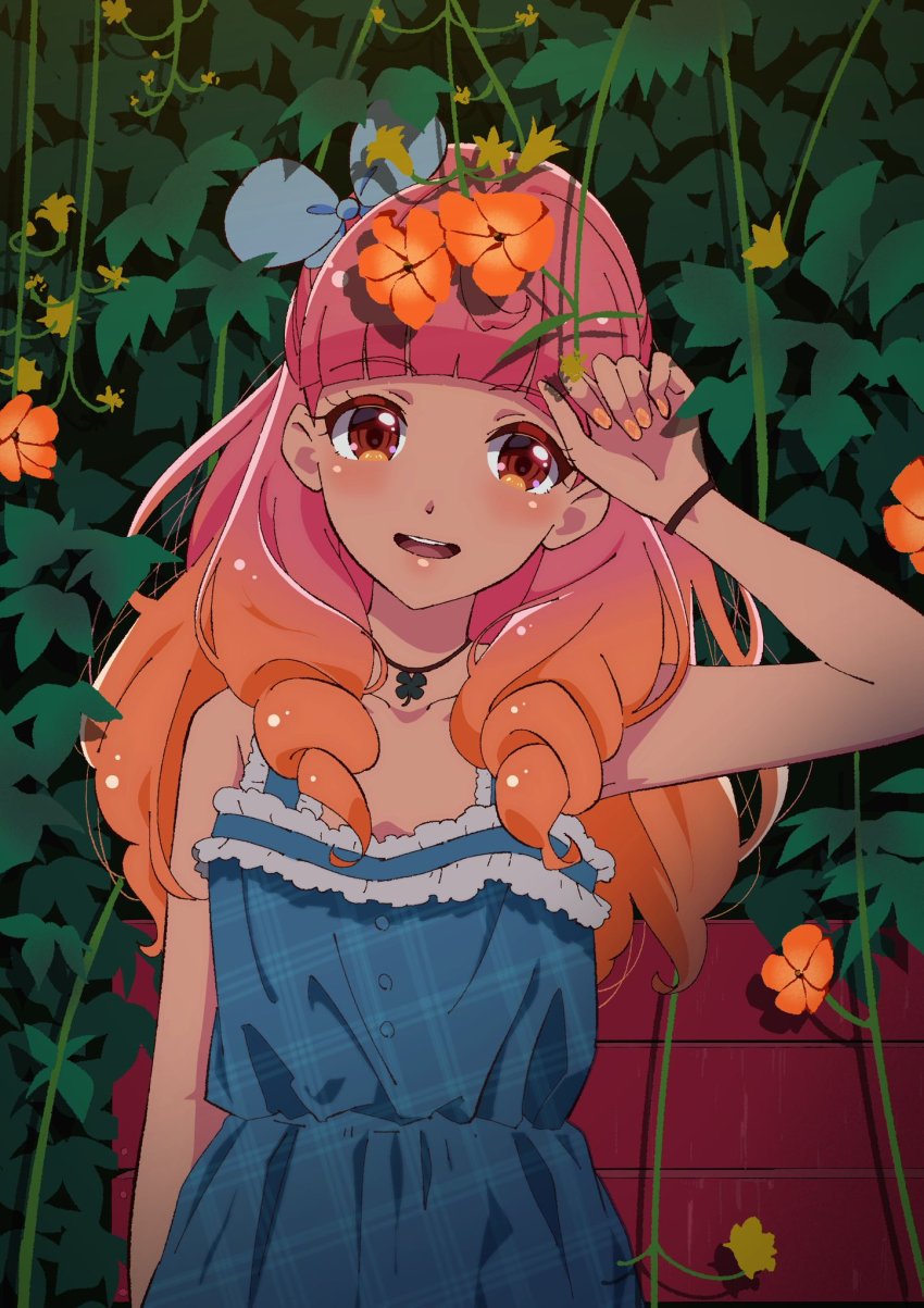 1girl, aikatsu!_(series), aikatsu_friends!, arm_up, armpit_peek, bad_id, bad_pixiv_id, bare_shoulders
