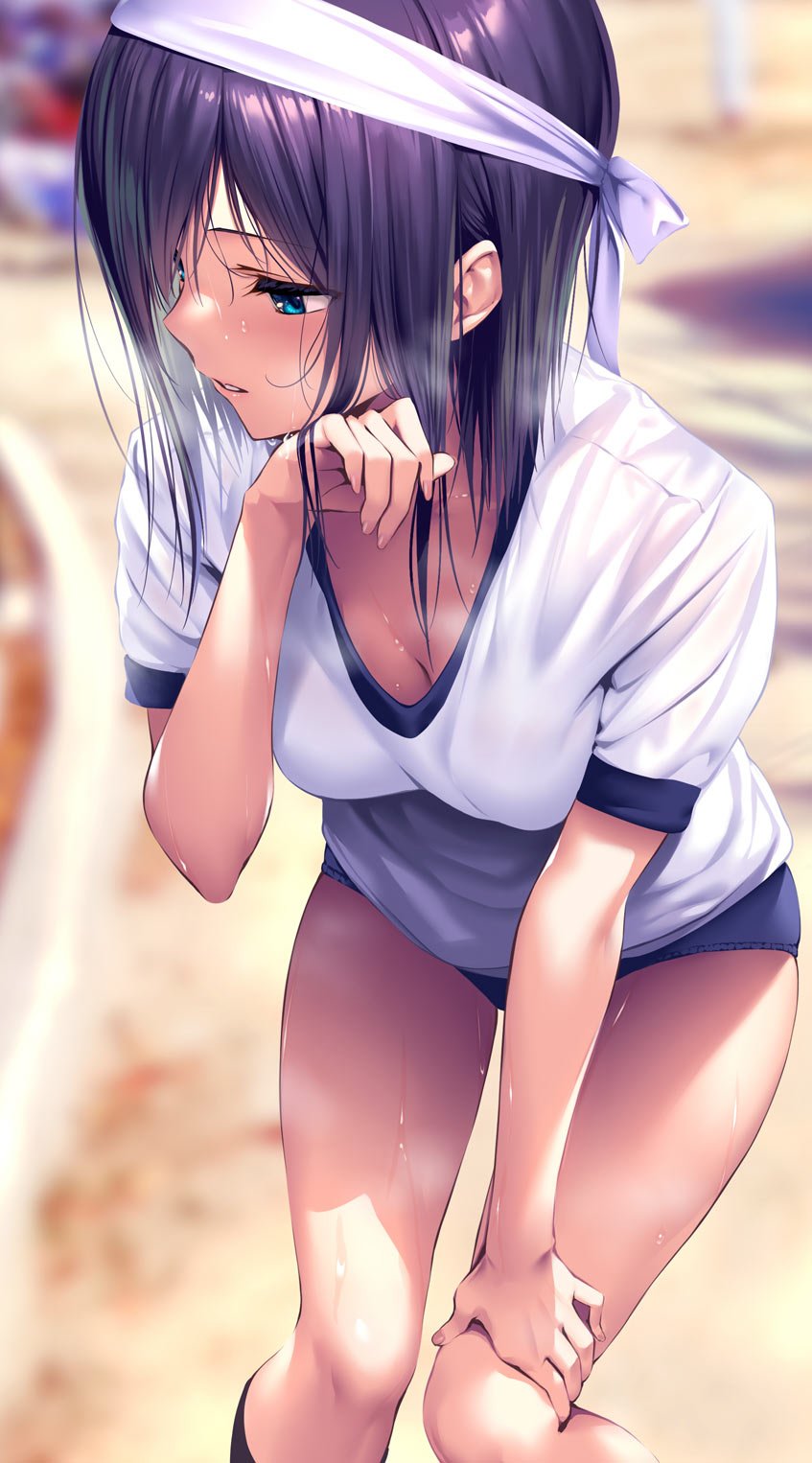 1girl, black_socks, blue_buruma, blue_eyes, blurry, blush, breasts, buruma