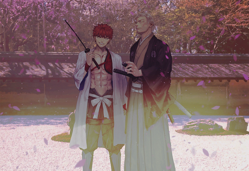 2boys, abs, armor, belt, black_pants, brown_kimono, closed_mouth, collarbone
