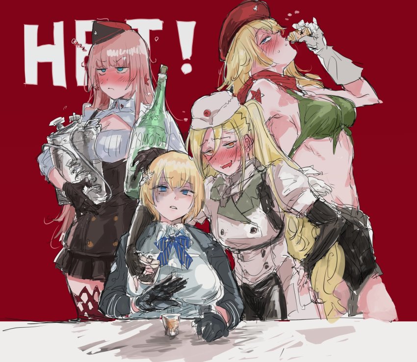 4girls, a-91_(girls_frontine), ak-47_(girls'_frontline), alcohol, arm_around_shoulder, black_gloves, black_shorts, blonde_hair, blue_eyes, blue_neckwear, blush, bottle, bow, bowtie, breasts, cleavage, closed_mouth, drinking, drunk, garrison_cap, girls'_frontline, gloves, hair_ornament, hat, highres, holding, holding_bottle, long_hair, mole, mole_under_eye, multiple_girls, nose_blush, orange_eyes, osakana_(denpa_yun'yun), pink_hair, red_background, red_headwear, russian_text, short_hair, shorts, simonov_(girls'_frontline), simple_background, smile, snowflake_hair_ornament, squeans, thighhighs, vsk-94_(girls'_frontline), white_gloves, white_headwear