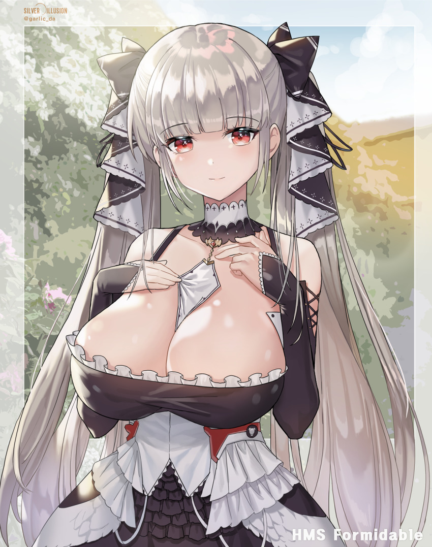 1girl, artist_name, azur_lane, bare_shoulders, between_breasts, black_bow, black_dress, bow
