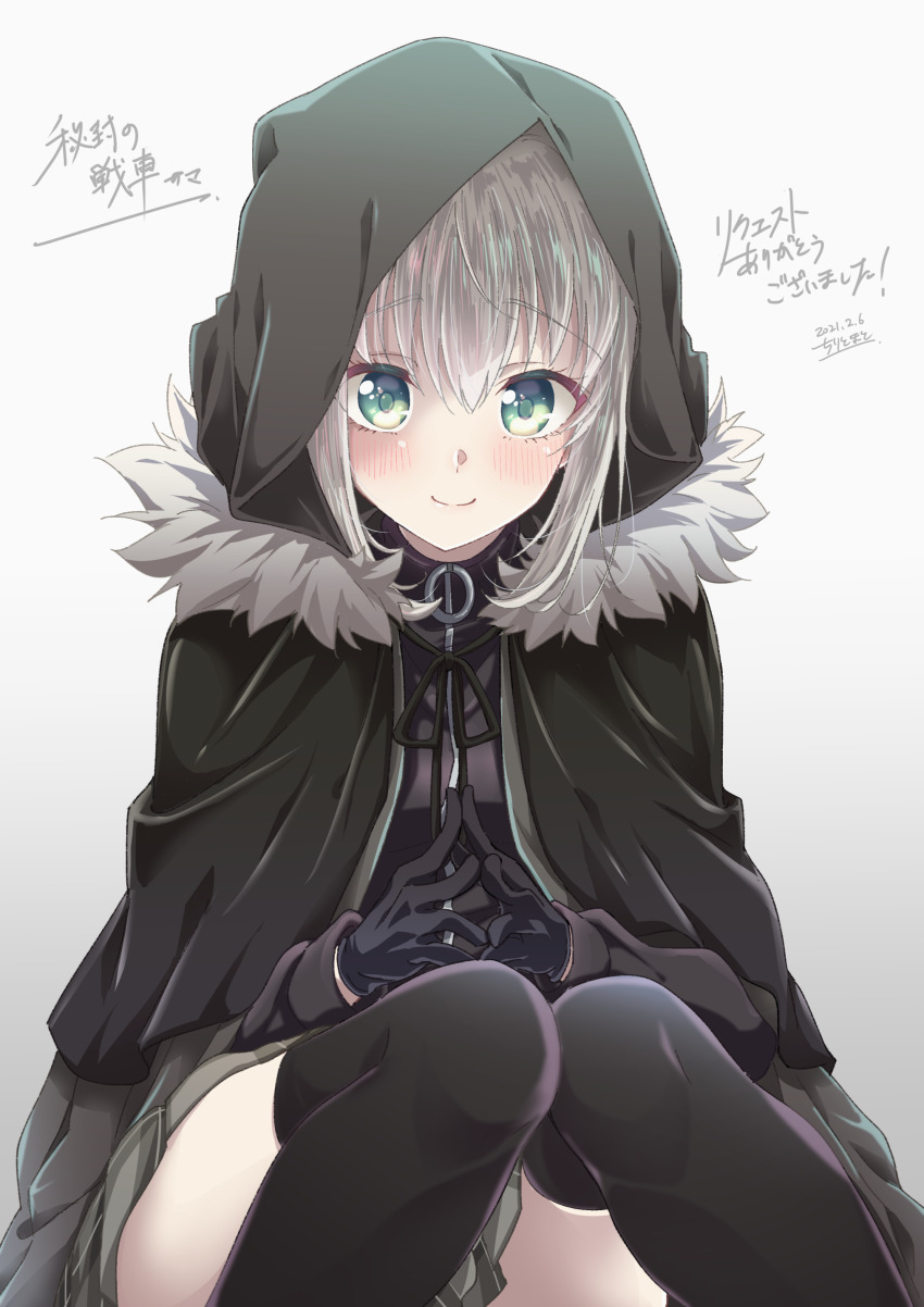 1girl, absurdres, black_cloak, black_gloves, black_ribbon, black_thighhighs, blush, cape