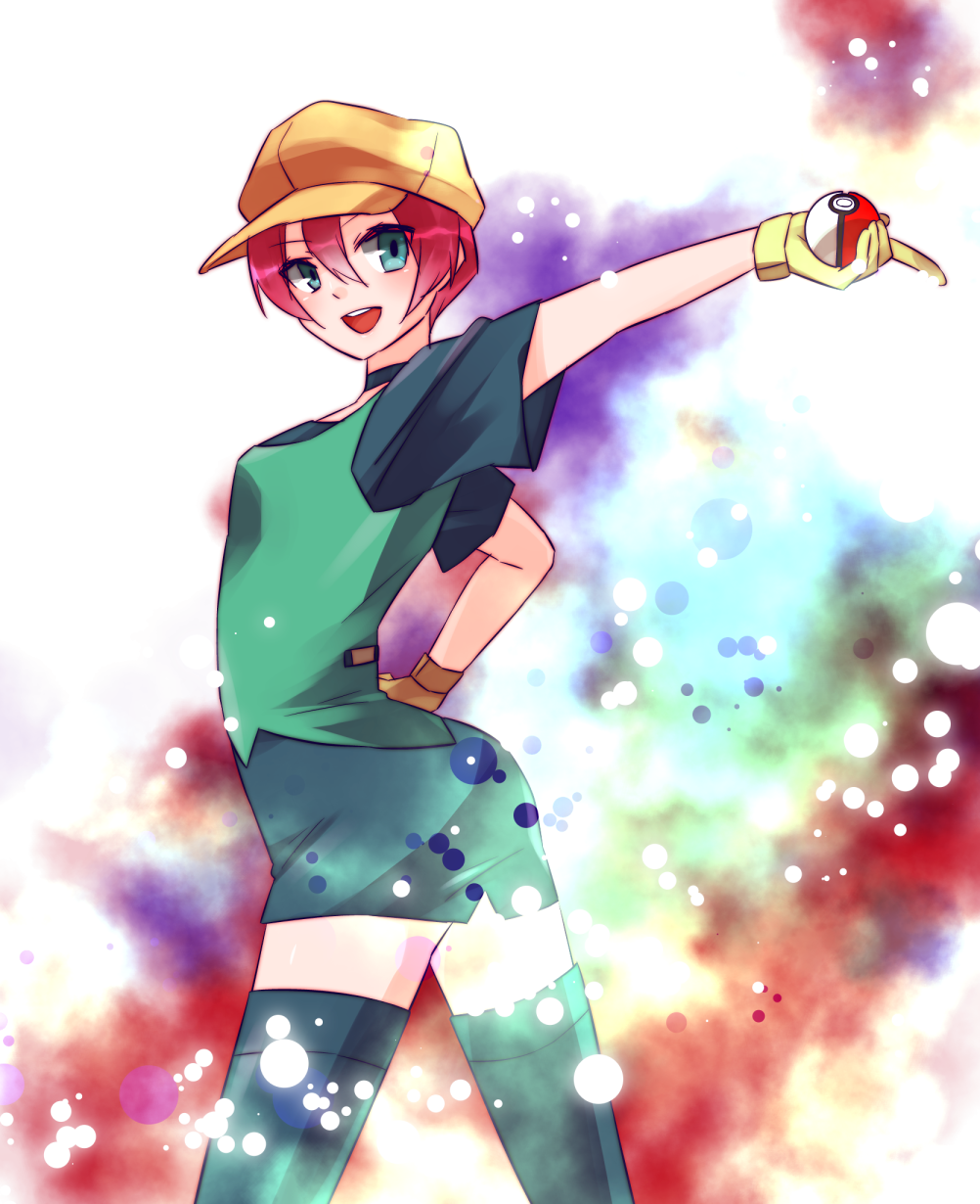 1girl, arched_back, arm_up, bazumi, blue_choker, newsboy_cap, choker, georgia_(pokemon)