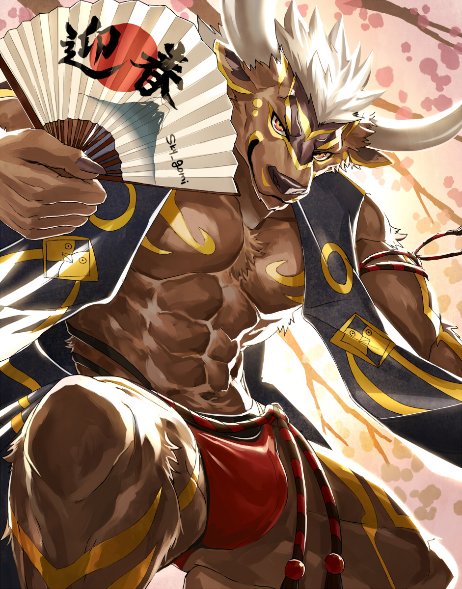 1boy, abs, animal_ears, arm_behind_head, bara, bare_pectorals, blue_eyes, brown_eyes