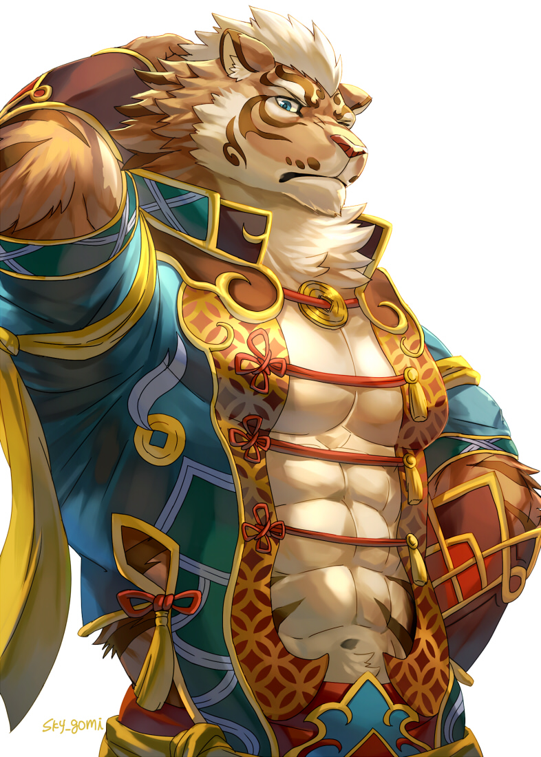 1boy, abs, abs_cutout, animal_ears, arm_behind_head, bara, bare_pectorals, beige_fur