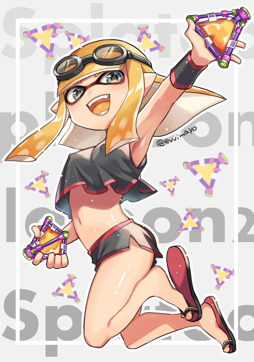 arm_up, armpits, black_eyes, black_shorts, breasts, covered_erect_nipples, crop_top, fangs, flip-flops, goggles, goggles_on_head, highres, inkling, inkling_girl, inkling_player_character, long_hair, looking_at_viewer, navel, nintendo, open_mouth, orange_hair, pointy_ears, sandals, shina_shina, shorts, sleeveless, small_breasts, solo, splatoon_(series), splatoon_2, tentacle_hair