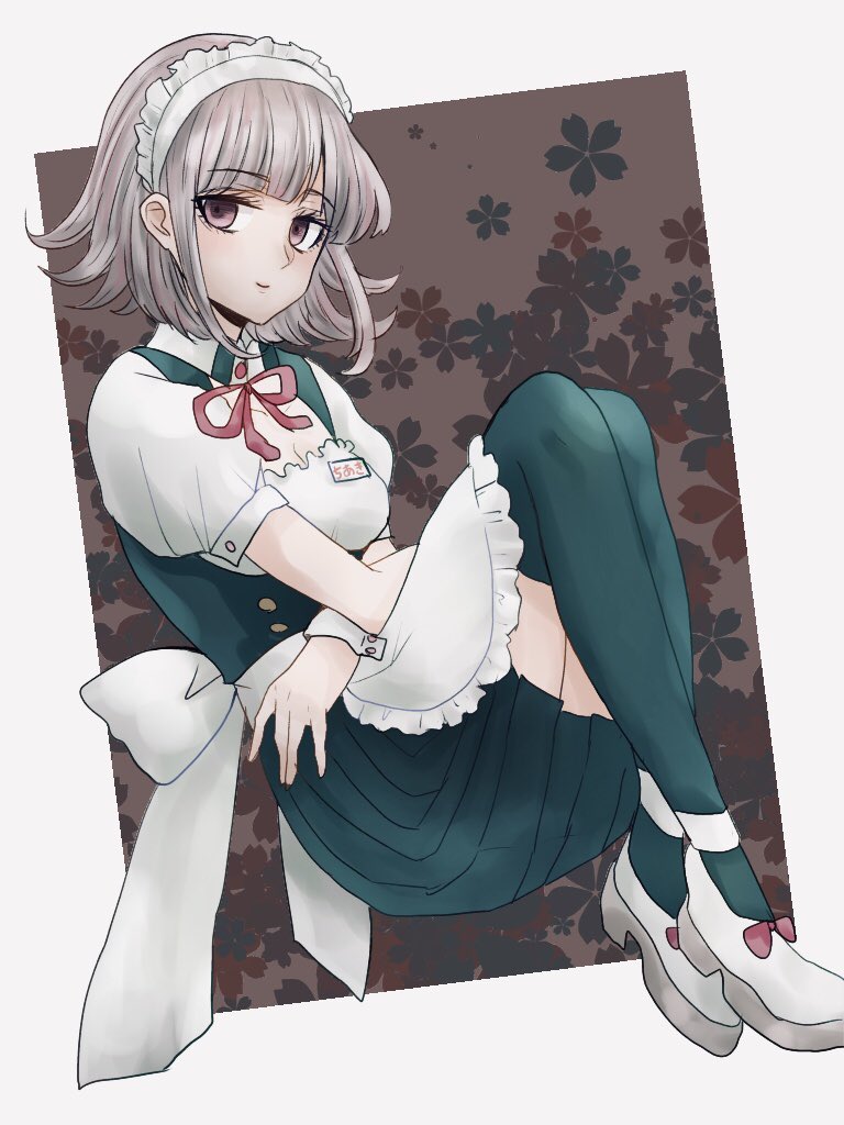 1girl, alternate_costume, apron, black_dress, border, breasts, closed_mouth, commentary_request, danganronpa_(series), danganronpa_2:_goodbye_despair, dress, enmaided, floral_print, frilled_apron, frills, from_side, grey_hair, high_heels, isaki_(1015m), knees_up, long_legs, looking_at_viewer, looking_to_the_side, maid, maid_headdress, mary_janes, medium_breasts, nanami_chiaki, neck_ribbon, pink_ribbon, pink_shoes, puffy_short_sleeves, puffy_sleeves, purple_eyes, ribbon, shoes, short_sleeves, solo, thighhighs, waist_apron, white_border