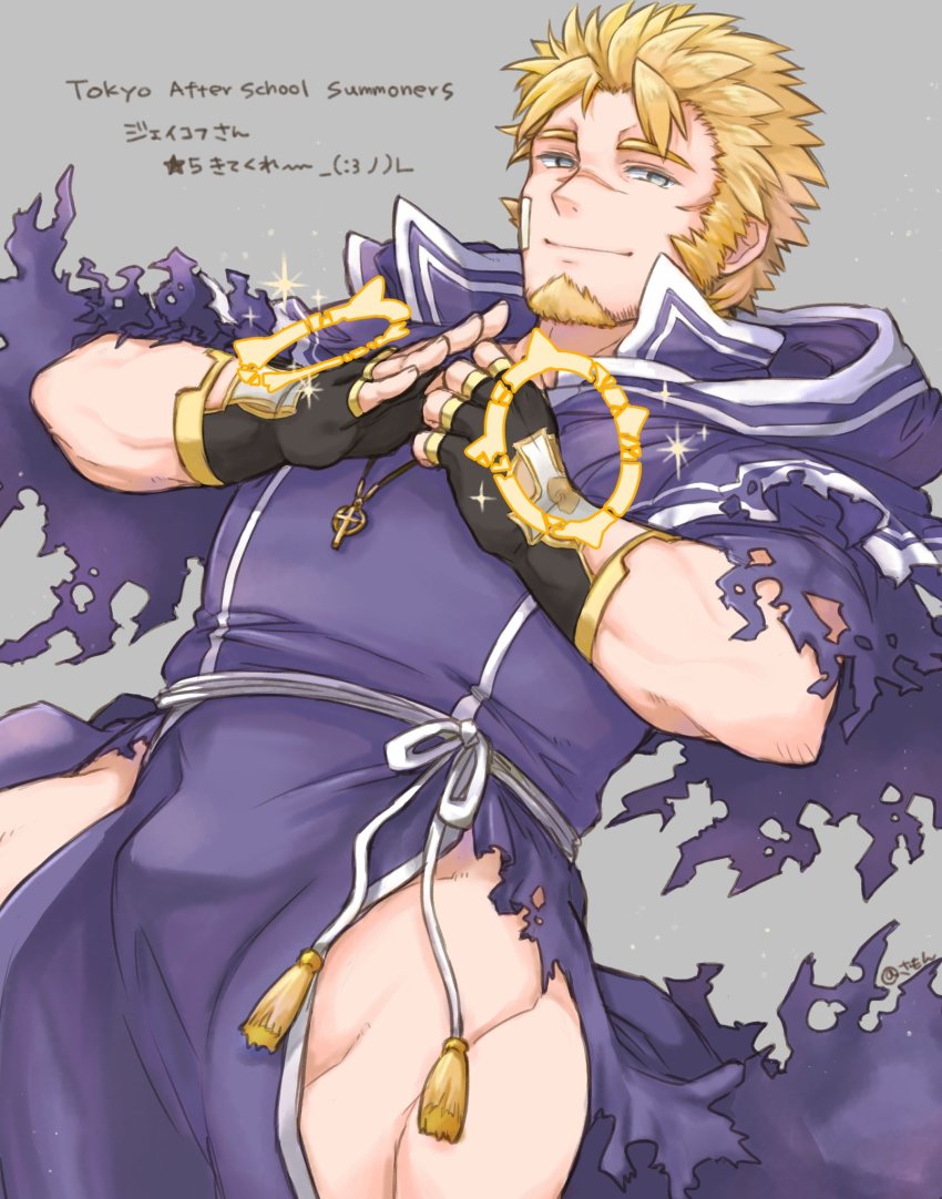 1boy, bara, black_gloves, blind, blonde_hair, bulge, clothing_cutout, facial_hair