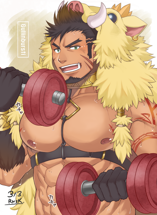 1boy, abs, animal_hood, bara, bare_pectorals, between_pectorals, blue_eyes, boar_hood