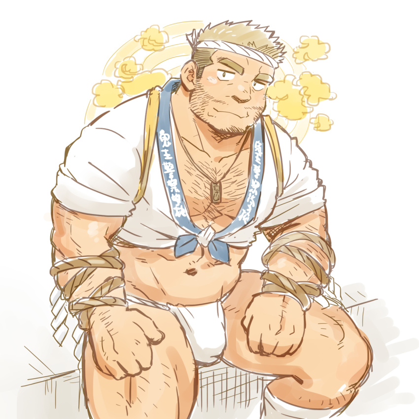 1boy, aether_deity_(housamo), arm_hair, bara, bare_pectorals, beard, belly, bulge