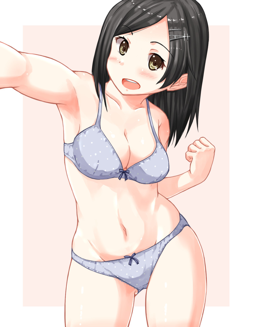 1girl, black_eyes, black_hair, blue_bra, blue_panties, bra, breasts, cleavage, collarbone, contrapposto, groin, hair_ornament, hairclip, highres, izumo_konata, kantai_collection, kuroshio_(kancolle), looking_at_viewer, medium_breasts, navel, open_mouth, panties, pink_background, reaching, reaching_towards_viewer, round_teeth, short_hair, solo, standing, teeth, two-tone_background, underwear, underwear_only, upper_teeth_only