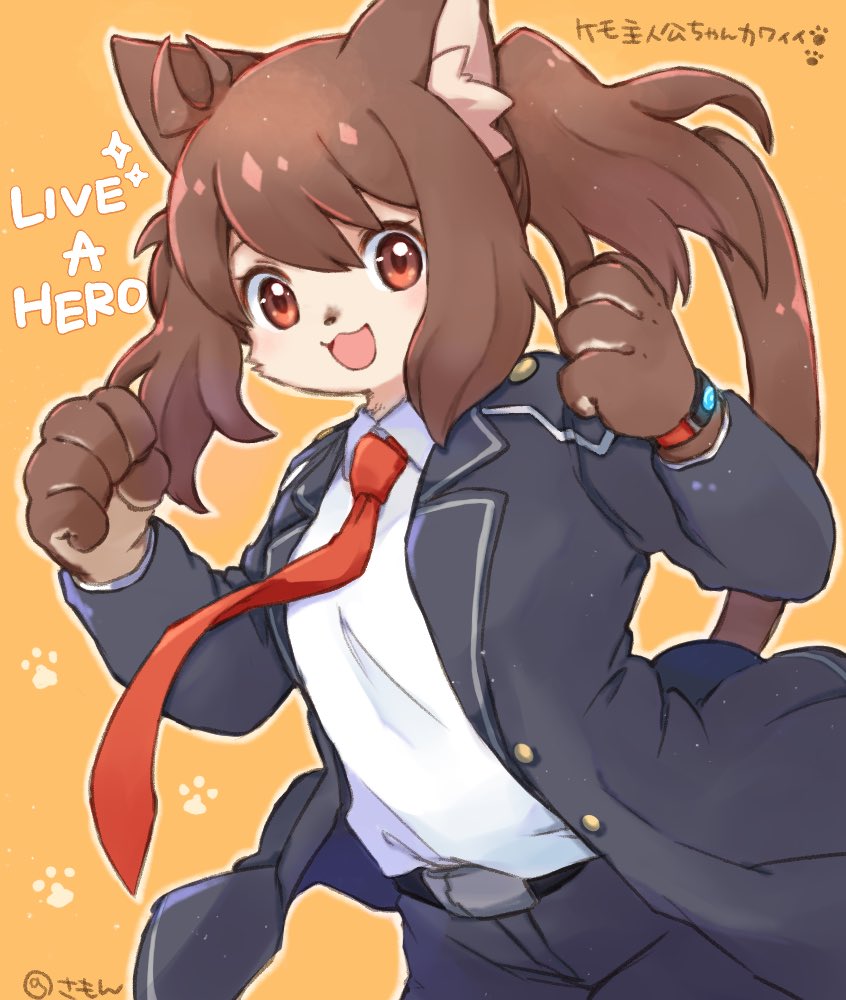 1girl, :3, :d, animal_ear_fluff, animal_ears, animal_nose, artist_name, belt, blush, breasts, cat, cat_ears, cat_girl, cat_tail, character_request, copyright_name, furry, furry_female, live_a_hero, long_hair, looking_at_viewer, medium_breasts, necktie, open_mouth, orange_background, paw_print, red_eyes, red_necktie, simple_background, smile, solo, summon_lw, tail, translation_request, two-tone_fur, yellow_background