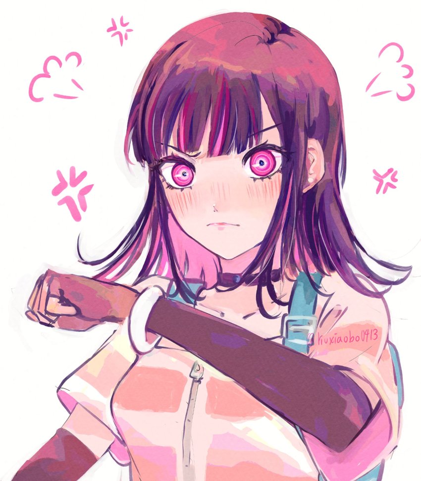 1girl, a_po_(liuxiaobo0413), akudama_drive, anger_vein, angry, artist_name, black_choker, black_gloves