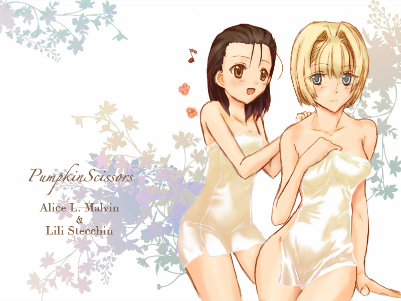 00s, 2girls, alice_l._malvin, bare_shoulders, black_hair, blonde_hair, blue_eyes, blush